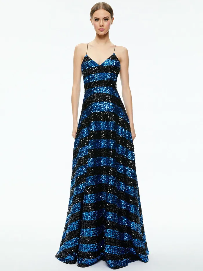 Womens Dresses Alice Olivia Domenica Sequin Gown Dress Sapphireblack Stripe