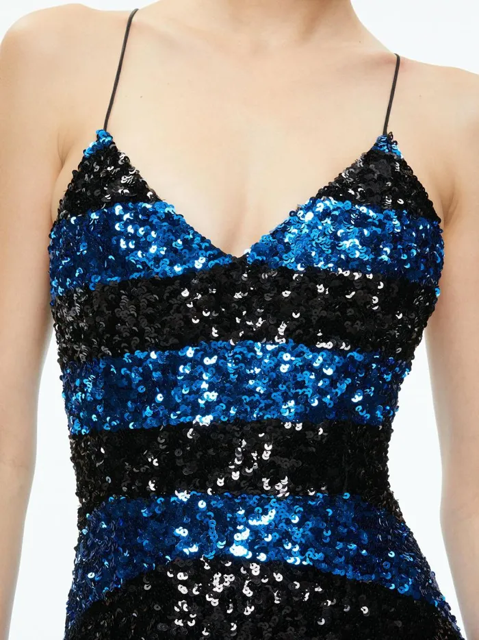 Womens Dresses Alice Olivia Domenica Sequin Gown Dress Sapphireblack Stripe