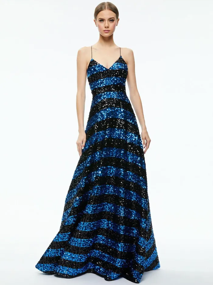 Womens Dresses Alice Olivia Domenica Sequin Gown Dress Sapphireblack Stripe