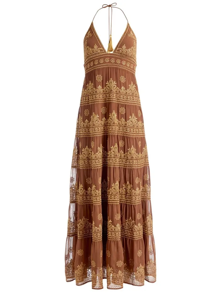 Womens Dresses Alice Olivia Karolina Embroidered Halter Neck Maxi Dress Camelgold Womens Dresses Alice Olivia Karolina Embroidered Halter Neck Maxi Dress Camelgold