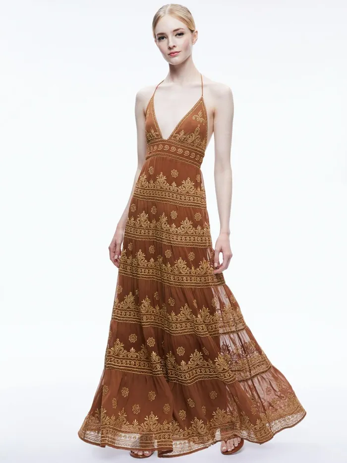 Womens Dresses Alice Olivia Karolina Embroidered Halter Neck Maxi Dress Camelgold