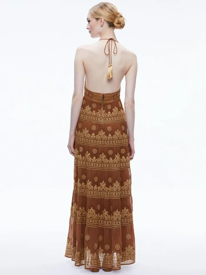 Womens Dresses Alice Olivia Karolina Embroidered Halter Neck Maxi Dress Camelgold