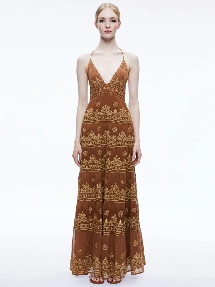 Womens Dresses Alice Olivia Karolina Embroidered Halter Neck Maxi Dress Camelgold