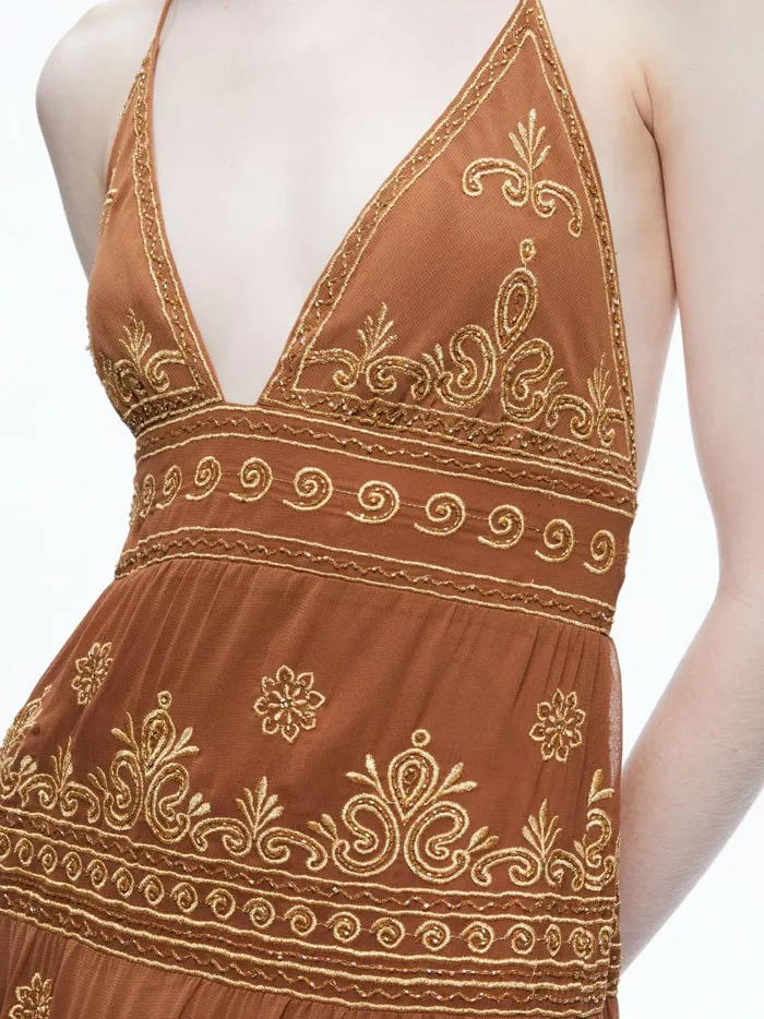 Womens Dresses Alice Olivia Karolina Embroidered Halter Neck Maxi Dress Camelgold