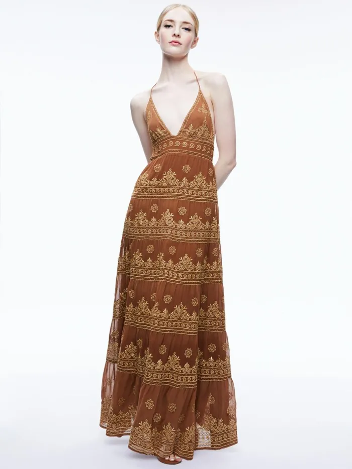 Womens Dresses Alice Olivia Karolina Embroidered Halter Neck Maxi Dress Camelgold