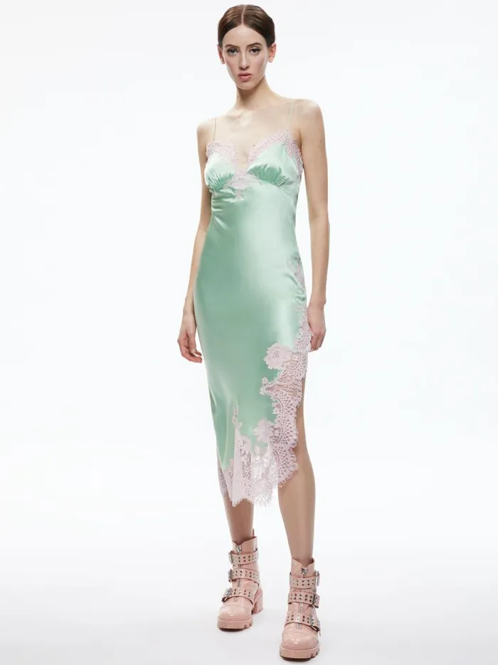 Womens Dresses Alice Olivia Kerr Lace Trim Asymmetrical Slip Midi Dress Pistachio
