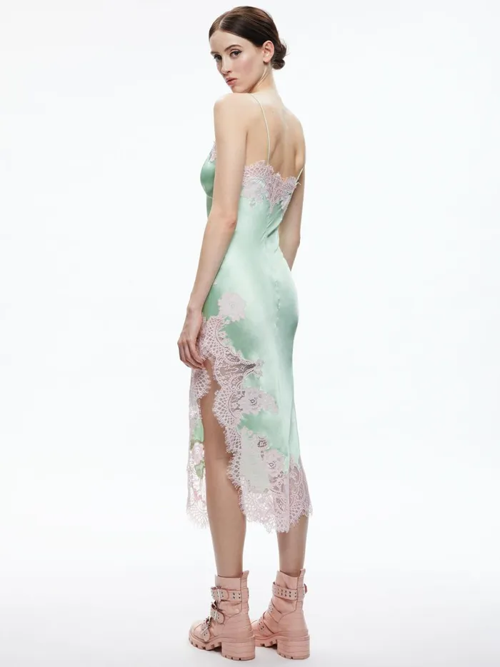 Womens Dresses Alice Olivia Kerr Lace Trim Asymmetrical Slip Midi Dress Pistachio