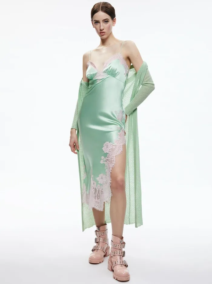 Womens Dresses Alice Olivia Kerr Lace Trim Asymmetrical Slip Midi Dress Pistachio