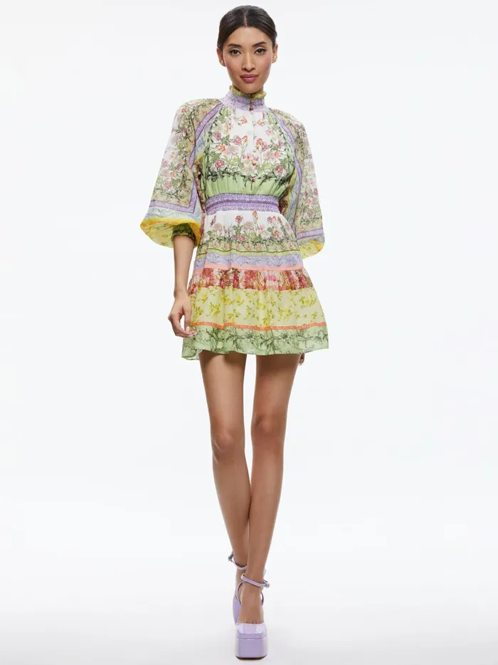 Womens Dresses Alice Olivia Lavinia Blouson Sleeve Mini Dress Floral Fest