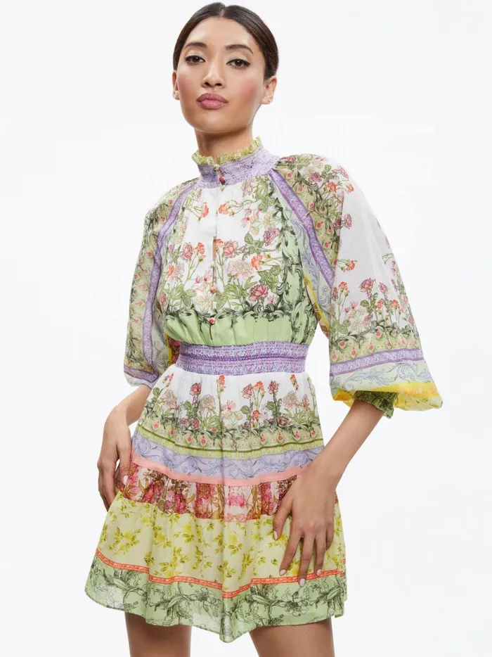 Womens Dresses Alice Olivia Lavinia Blouson Sleeve Mini Dress Floral Fest