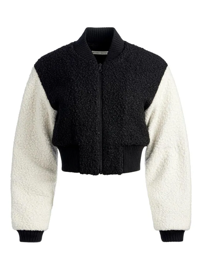 Womens Jackets Coats Alice Olivia Felisa Fuzzy Knit Cropped Varsity Jacket Blackecru Womens Jackets Coats Alice Olivia Felisa Fuzzy Knit Cropped Varsity Jacket Blackecru