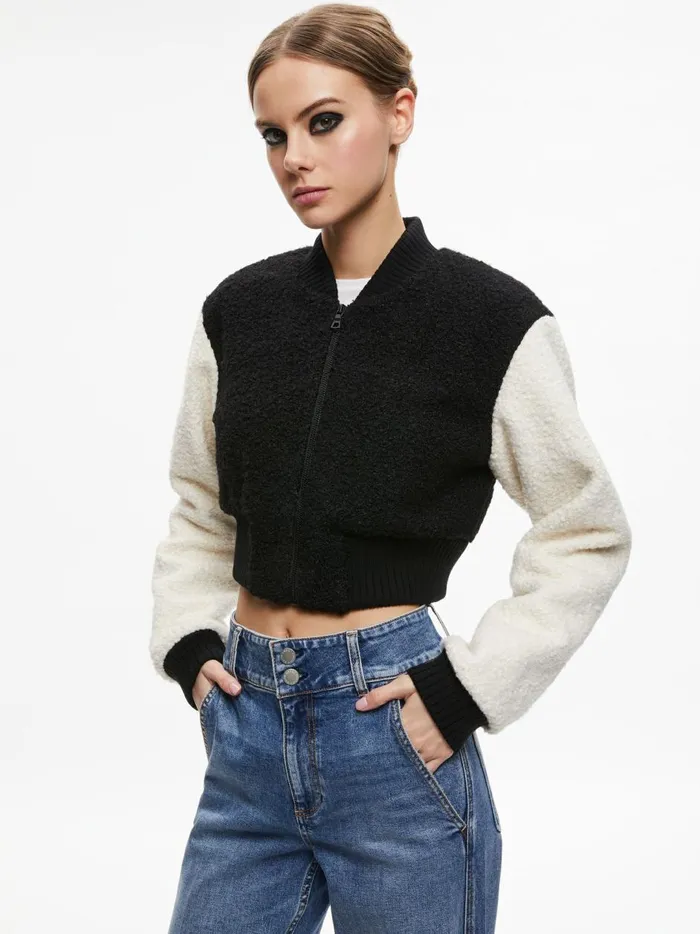 Womens Jackets Coats Alice Olivia Felisa Fuzzy Knit Cropped Varsity Jacket Blackecru