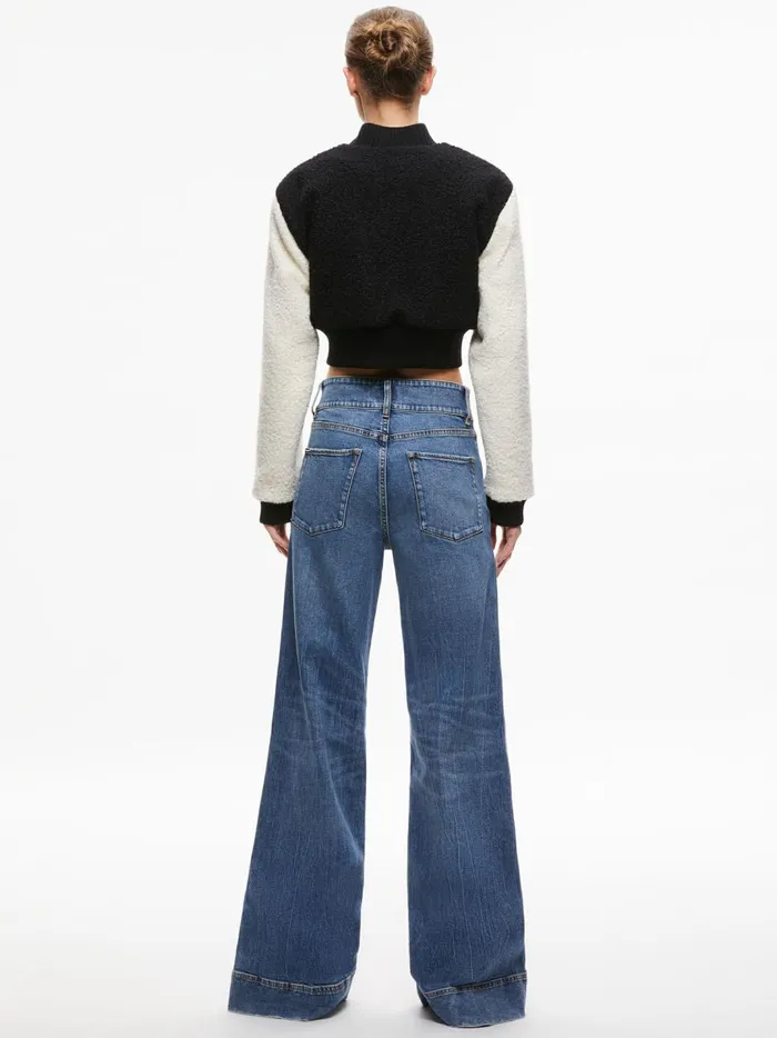 Womens Jackets Coats Alice Olivia Felisa Fuzzy Knit Cropped Varsity Jacket Blackecru