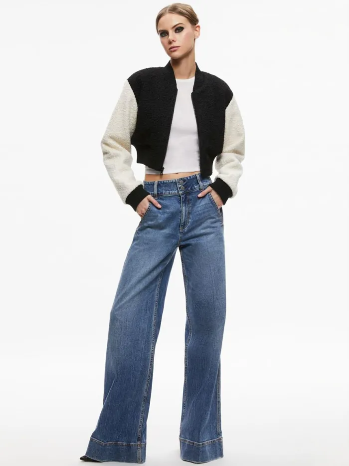 Womens Jackets Coats Alice Olivia Felisa Fuzzy Knit Cropped Varsity Jacket Blackecru