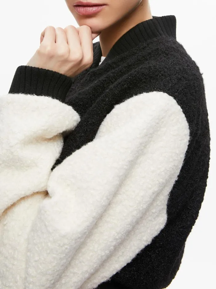 Womens Jackets Coats Alice Olivia Felisa Fuzzy Knit Cropped Varsity Jacket Blackecru