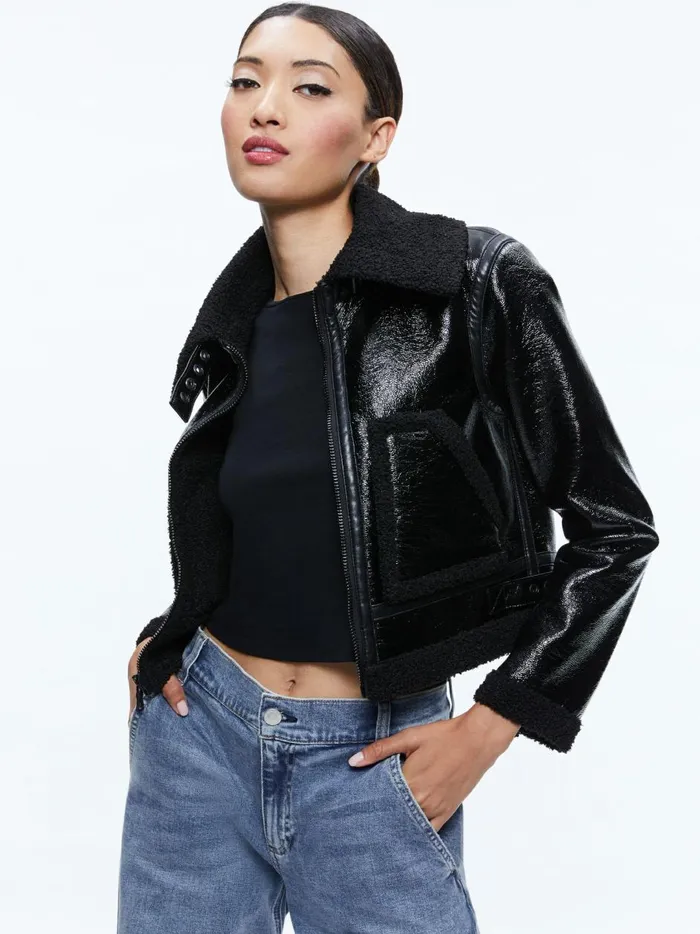 Womens Jackets Coats Alice Olivia Isaiah Vegan Leather Faux Shearling Cropped Jacket Black