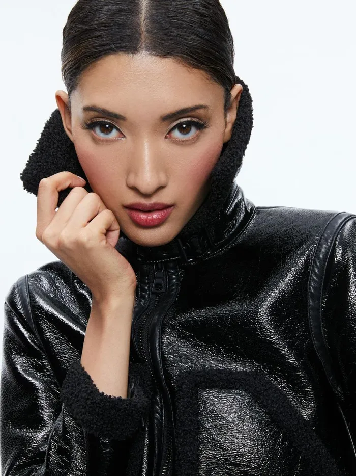 Womens Jackets Coats Alice Olivia Isaiah Vegan Leather Faux Shearling Cropped Jacket Black