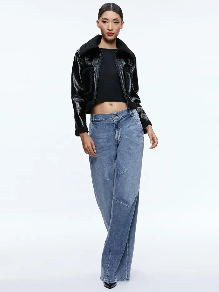 Womens Jackets Coats Alice Olivia Isaiah Vegan Leather Faux Shearling Cropped Jacket Black