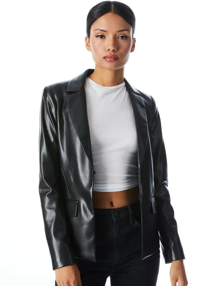 Womens Jackets Coats Alice Olivia Mya Vegan Leather Notch Collar Blazer Black