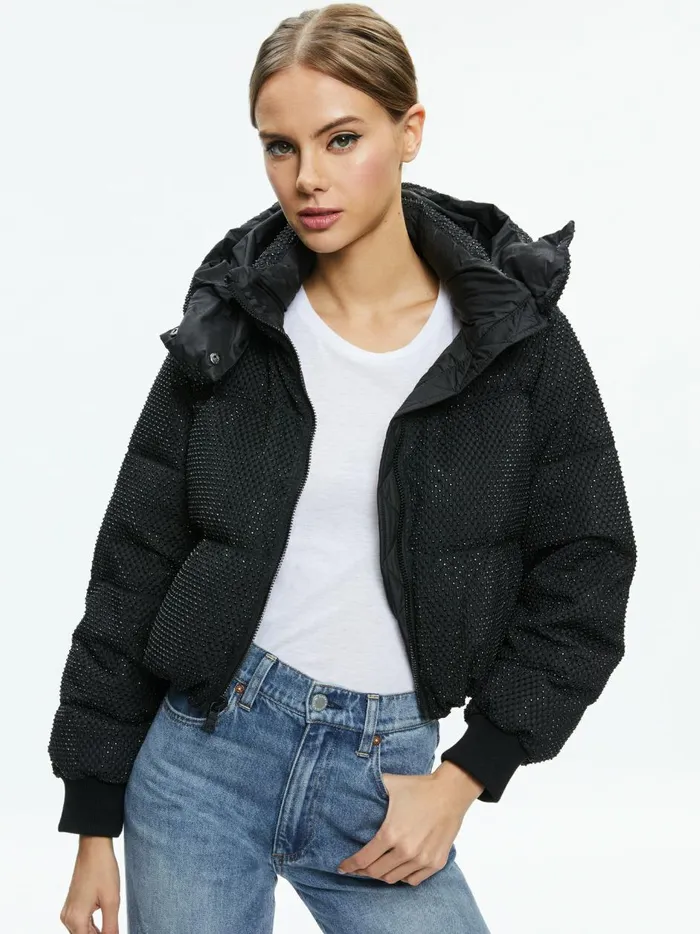 Womens Jackets Coats Alice Olivia Robena Crystal Embellished Cropped Puffer Black