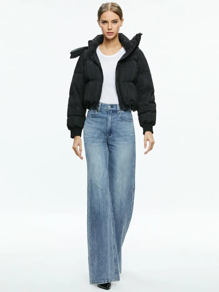 Womens Jackets Coats Alice Olivia Robena Crystal Embellished Cropped Puffer Black