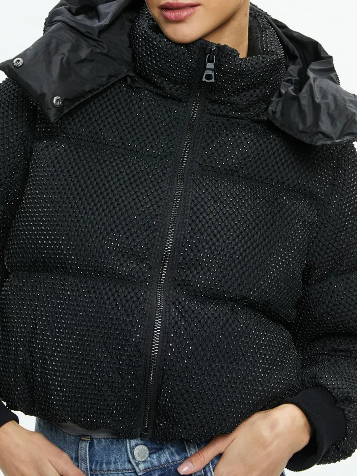 Womens Jackets Coats Alice Olivia Robena Crystal Embellished Cropped Puffer Black