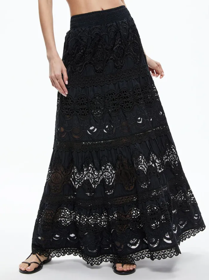 Womens Skirts Alice Olivia Cali Embroidered Tiered Maxi Skirt Black