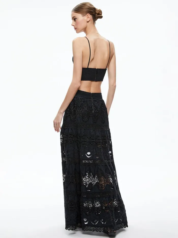 Womens Skirts Alice Olivia Cali Embroidered Tiered Maxi Skirt Black