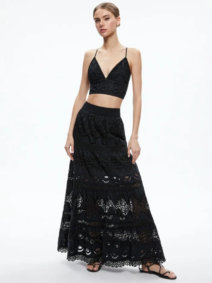 Womens Skirts Alice Olivia Cali Embroidered Tiered Maxi Skirt Black