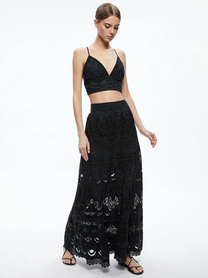 Womens Skirts Alice Olivia Cali Embroidered Tiered Maxi Skirt Black