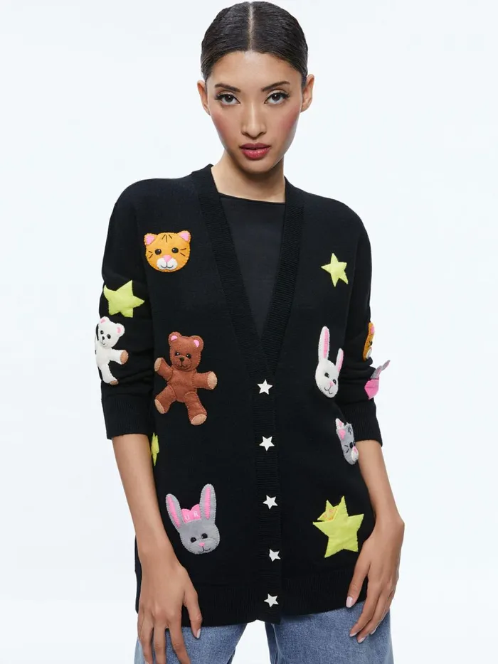 Womens Sweaters Alice Olivia Bradford Applique Cardigan Black Multi