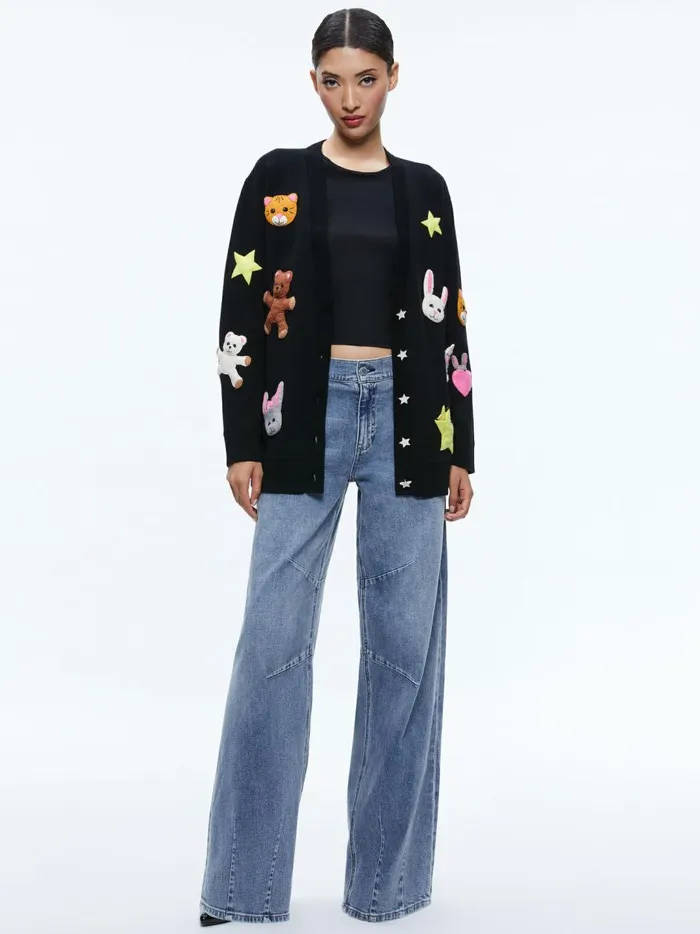 Womens Sweaters Alice Olivia Bradford Applique Cardigan Black Multi