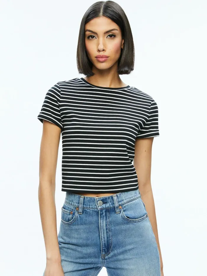 Womens Tops Alice Olivia Cindy Classic Cropped Tee Blackoff White Stripe