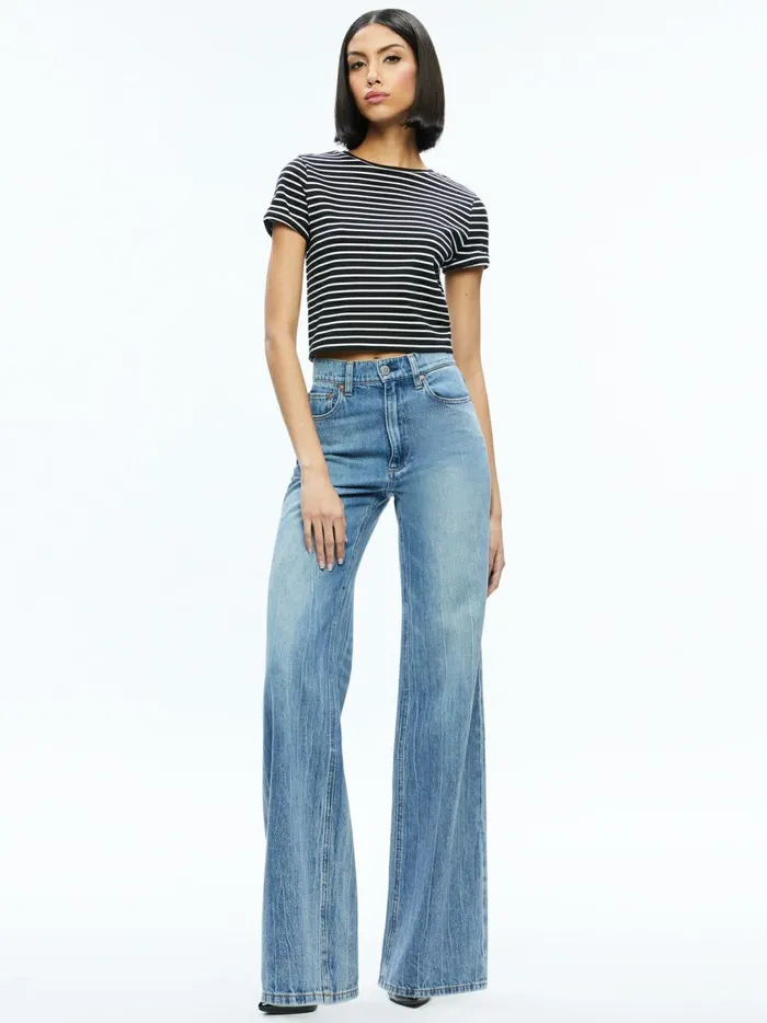 Womens Tops Alice Olivia Cindy Classic Cropped Tee Blackoff White Stripe