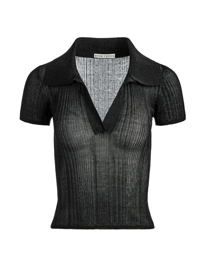 Womens Tops Alice Olivia Martha Metallic Polo Crop Top Black