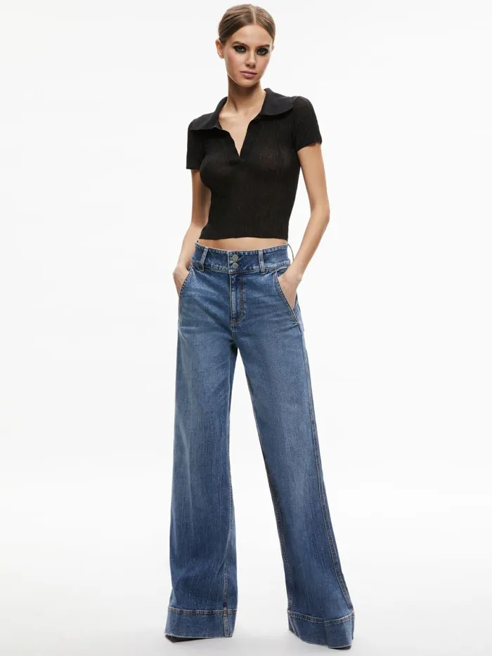 Womens Tops Alice Olivia Martha Metallic Polo Crop Top Black