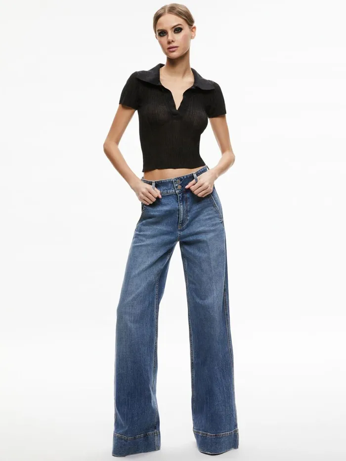 Womens Tops Alice Olivia Martha Metallic Polo Crop Top Black