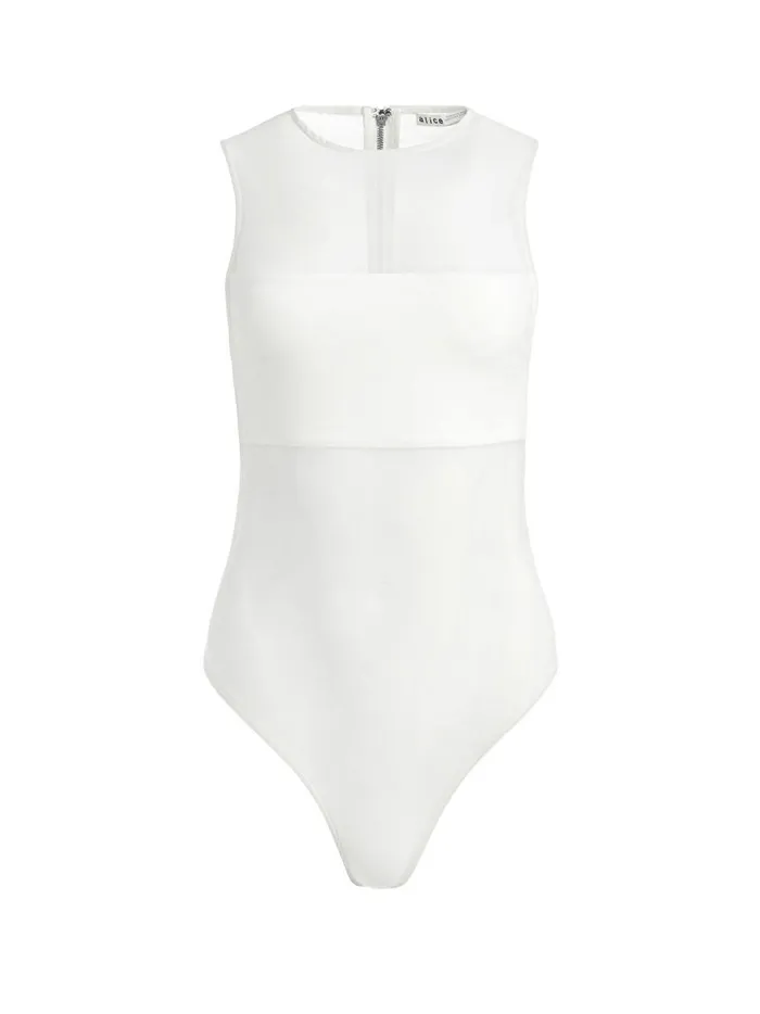 Womens Tops Alice Olivia Nichol High Neck Sleeveless Mesh Bodysuit Ecru