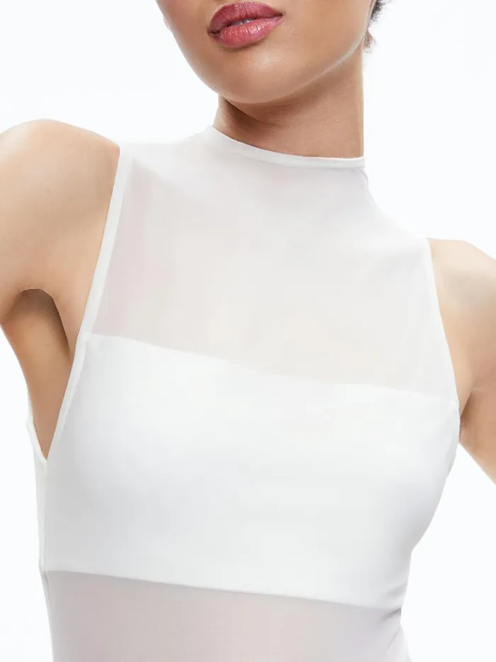 Womens Tops Alice Olivia Nichol High Neck Sleeveless Mesh Bodysuit Ecru