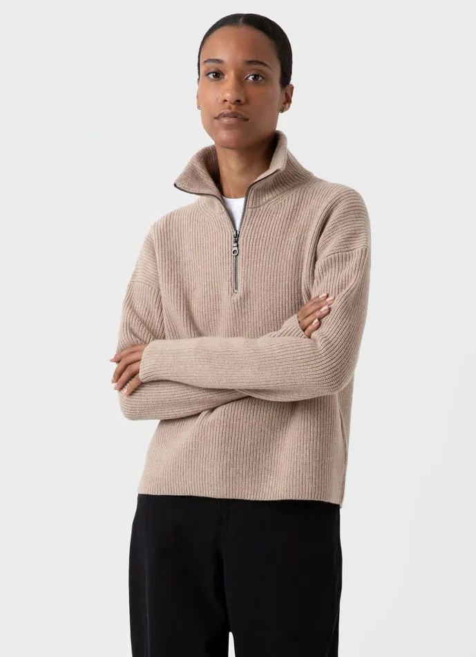 Wool Cashmere Rib Zip Neck Oatmeal Melange Women SUNSPEL Knitwear