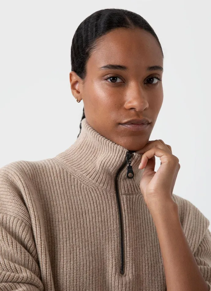 Wool Cashmere Rib Zip Neck Oatmeal Melange Women SUNSPEL Knitwear