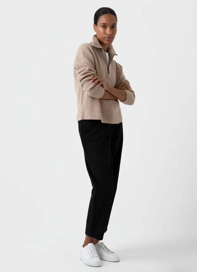 Wool Cashmere Rib Zip Neck Oatmeal Melange Women SUNSPEL Knitwear