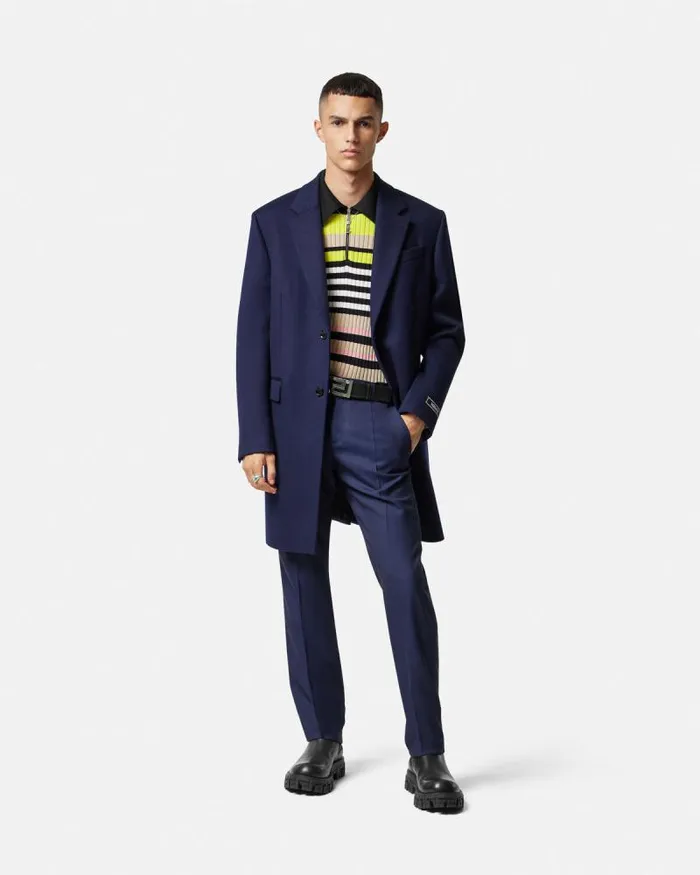 Wool Formal Pants Blue Men Versace Blazers and Suits