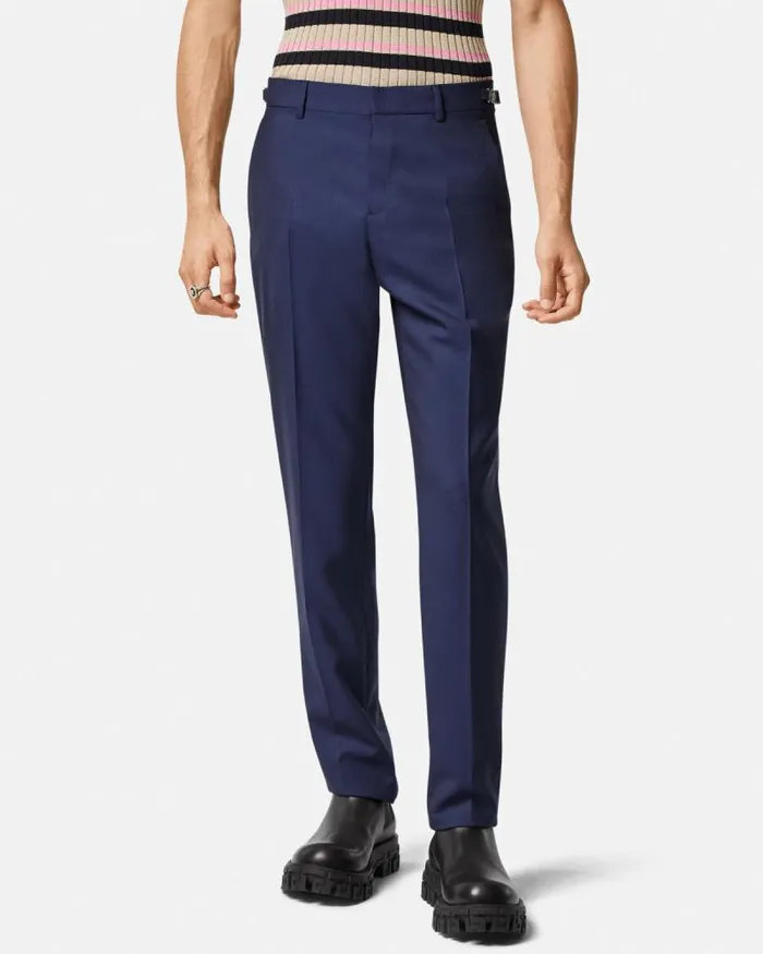 Wool Formal Pants Blue Men Versace Blazers and Suits