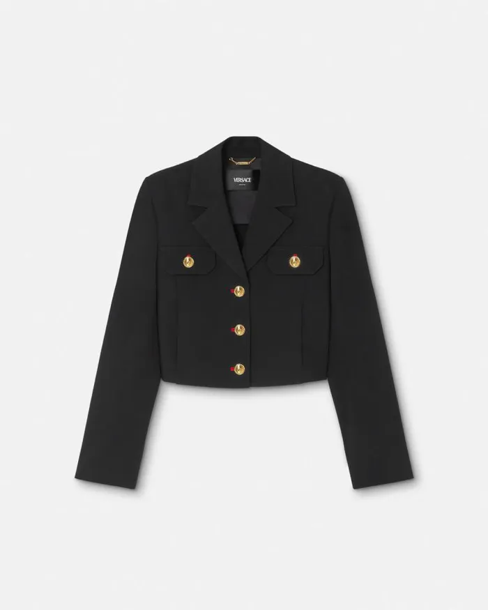 Wool Gabardine Uniform Crop Jacket Black Women Versace Suits