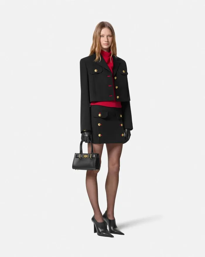 Wool Gabardine Uniform Crop Jacket Black Women Versace Suits
