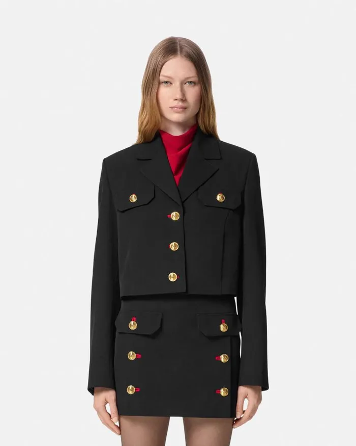 Wool Gabardine Uniform Crop Jacket Black Women Versace Suits